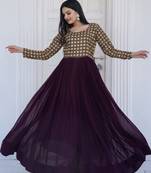 Wine Faux Georgette With Sequins-Multi & Zari Embroidered Work gown