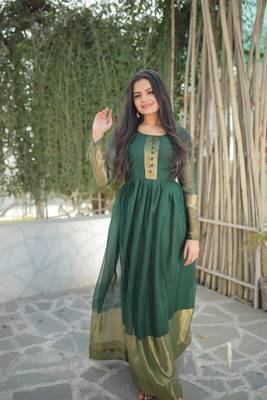 Green Chiffon with Golden Zari Patta Gown 1