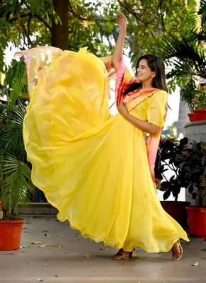 Yellow Tebby Silk Gown With Flower Print Dupatta 1