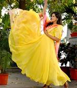 Yellow Tebby Silk Gown With Flower Print Dupatta