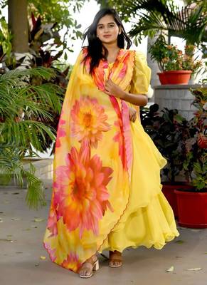 Yellow Tebby Silk Gown With Flower Print Dupatta 3