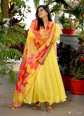 Yellow Tebby Silk Gown With Flower Print Dupatta 4