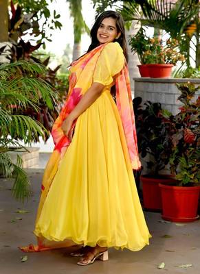 Yellow Tebby Silk Gown With Flower Print Dupatta 5
