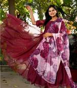 Wine  Tebby Silk Gown With Flower Print Dupatta