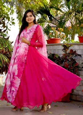 Pink Tebby Silk Gown With Flower Print Dupatta 1