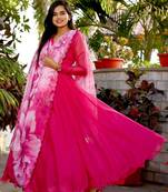 Pink Tebby Silk Gown With Flower Print Dupatta