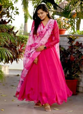 Pink Tebby Silk Gown With Flower Print Dupatta 2