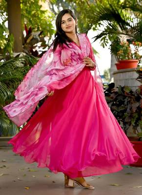 Pink Tebby Silk Gown With Flower Print Dupatta 3