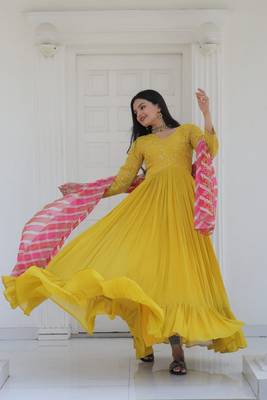 Yellow Faux Blooming With Sequins & Zari Embroidered Gown With Dupatta 1