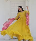 Yellow Faux Blooming With Sequins & Zari Embroidered Gown With Dupatta