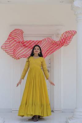 Yellow Faux Blooming With Sequins & Zari Embroidered Gown With Dupatta 2