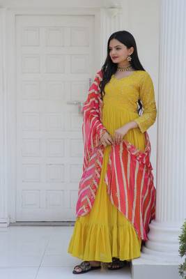 Yellow Faux Blooming With Sequins & Zari Embroidered Gown With Dupatta 3
