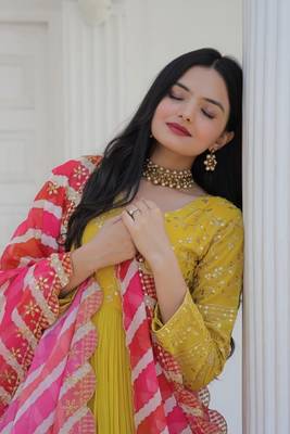 Yellow Faux Blooming With Sequins & Zari Embroidered Gown With Dupatta 4