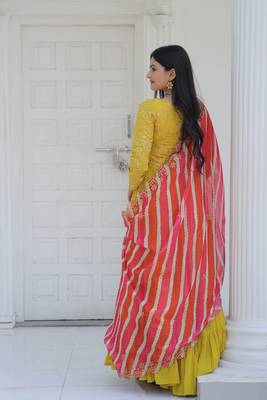 Yellow Faux Blooming With Sequins & Zari Embroidered Gown With Dupatta 5