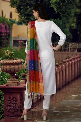 Trendmalls White Khadi Cotton Kurta Pant with Printed Dupatta Salwar Suit Set for Women