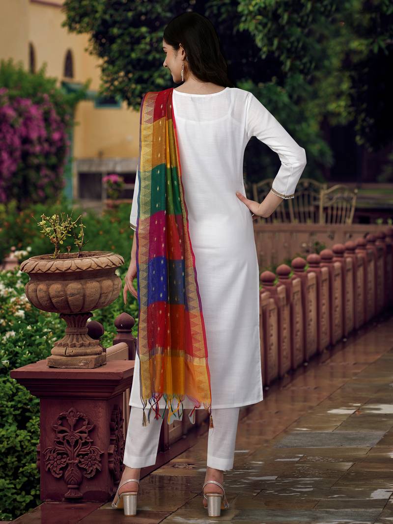 White Khadi Cotton Kurta Pant with Printed Dupatta Salwar Suit Set for Women