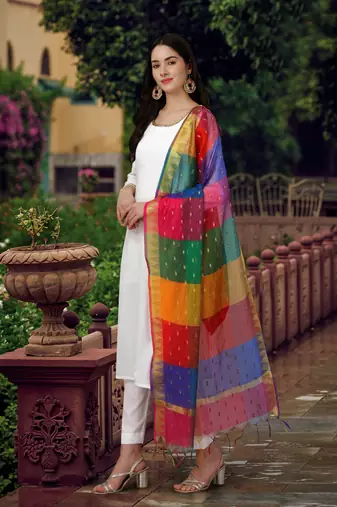 Trendmalls White Khadi Cotton Kurta Pant with Printed Dupatta Salwar Suit Set for Women