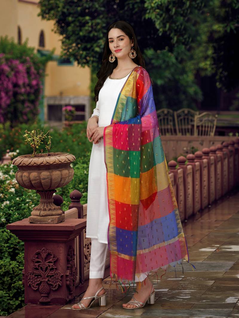 White Khadi Cotton Kurta Pant with Printed Dupatta Salwar Suit Set for Women