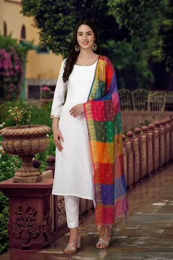 Trendmalls White Khadi Cotton Kurta Pant with Printed Dupatta Salwar Suit Set for Women