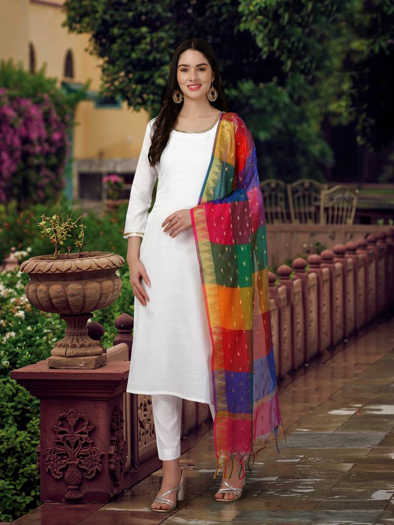 White Khadi Cotton Kurta Pant with Printed Dupatta Salwar Suit Set for Women