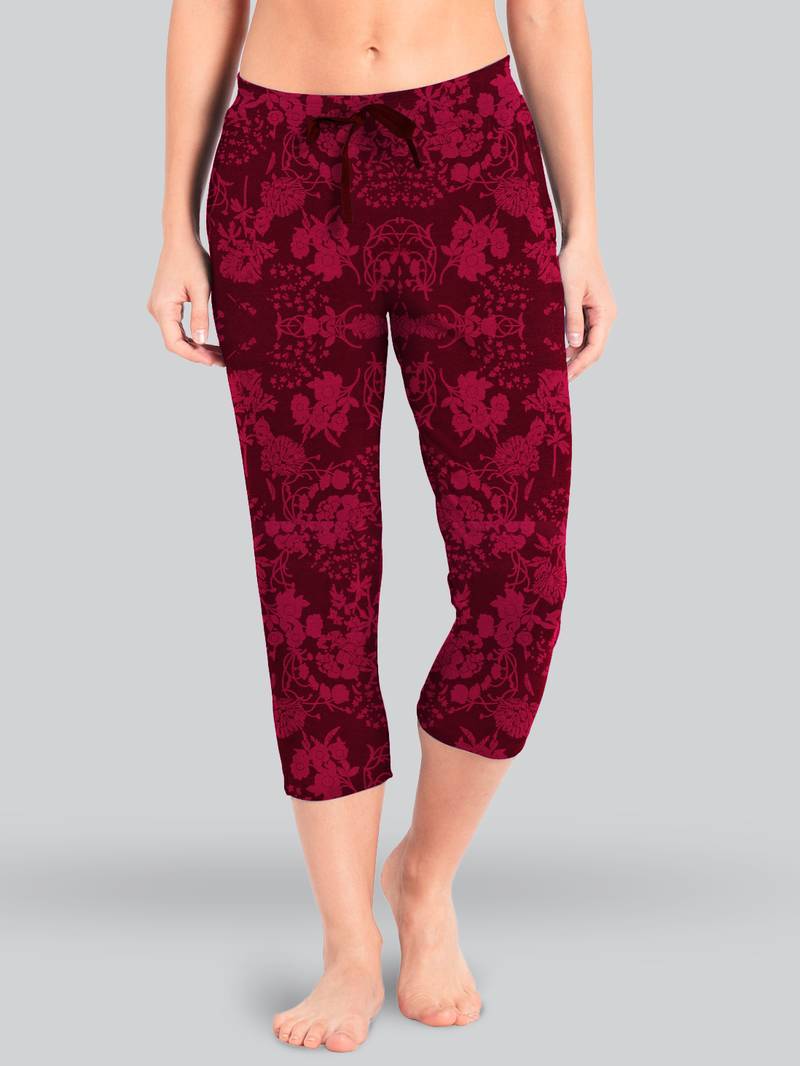 Lyra Maroon Cotton Printed Pyjamas For Women