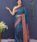 Teal Woven Paithani Silk Blend Saree With Blouse