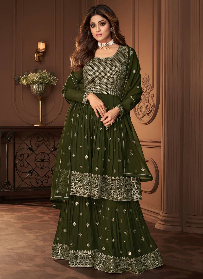 Green Embroidered Georgette Semi-Stitched Anarkali Suit Up To 42" Size