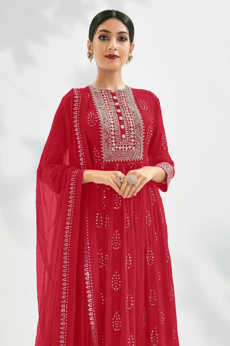 Pink Embroidered Georgette Semi-Stitched Anarkali Suit Up To 42" Size