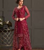 Wine Embroidered Net Semi-Stitched Straight Suit Up To 42" Size