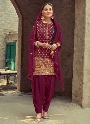 Wine Embroidered Georgette Semi-Stitched Straight Suit Up To 42" Size 1
