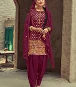 Wine Embroidered Georgette Semi-Stitched Straight Suit Up To 42" Size