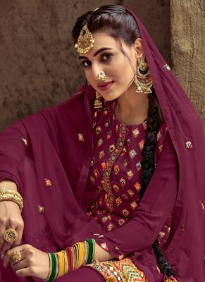 Wine Embroidered Georgette Semi-Stitched Straight Suit Up To 42" Size 2