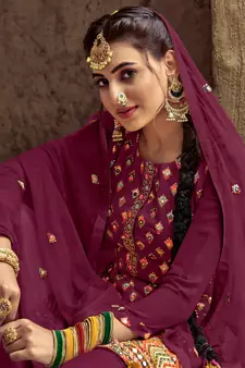 Wine Embroidered Georgette Semi-Stitched Straight Suit Up To 42" Size