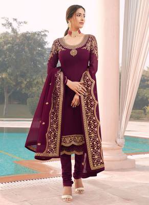 Wine Embroidered Georgette Straight Suit Free size full stitched Up To 42" Size 1