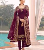 Wine Embroidered Georgette Straight Suit Free size full stitched Up To 42" Size