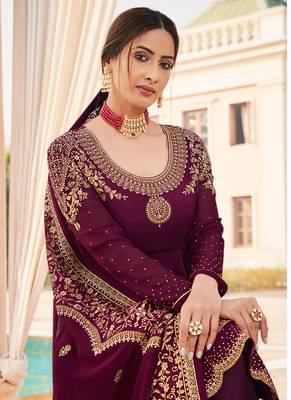 Wine Embroidered Georgette Straight Suit Free size full stitched Up To 42" Size 2