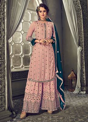 Pink Embroidered Georgette Straight Suit Free size full stitched Up To 42" Size 1