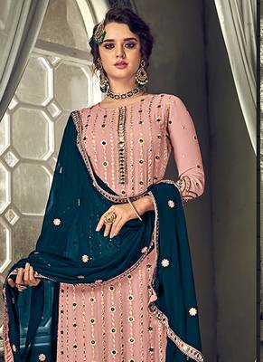 Pink Embroidered Georgette Straight Suit Free size full stitched Up To 42" Size 2