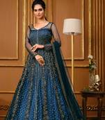 Blue Embroidered Net  Anarkali Suit Free size full stitched Up To 42" Size