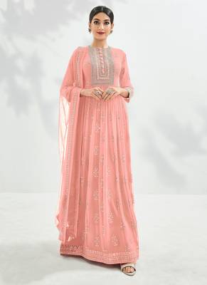 Peach Embroidered Georgette  Anarkali Suit Free size full stitched Up To 42" Size 1