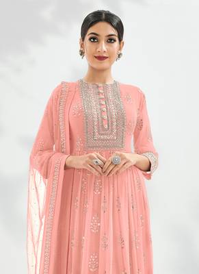 Peach Embroidered Georgette  Anarkali Suit Free size full stitched Up To 42" Size 2