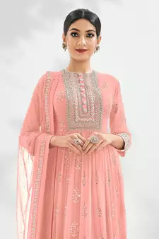 Peach Embroidered Georgette  Anarkali Suit Free size full stitched Up To 42" Size