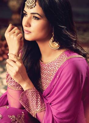 Magenta Net Golden Threadwork Embroidered Anarkali Suit 2