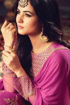 Magenta Net Golden Threadwork Embroidered Anarkali Suit