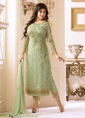 Green Embroidered Georgette  Straight Suit Free size full stitched Up To 42" Size 1