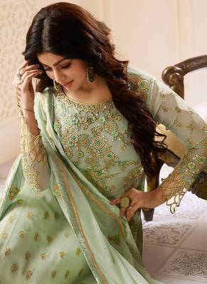 Green Embroidered Georgette  Straight Suit Free size full stitched Up To 42" Size 2