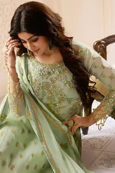 Green Embroidered Georgette  Straight Suit Free size full stitched Up To 42" Size