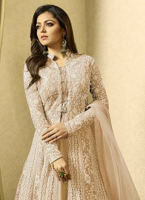 Beige Net Floral Embroidered Anarkali Suit with Dupatta - Semi Stitched 2