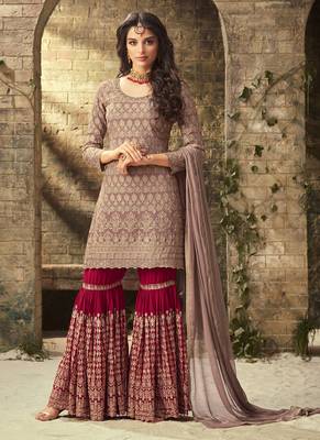 Fawn Embroidered Georgette  Straight Suit Free size full stitched Up To 42" Size 1