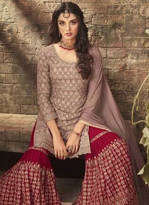 Fawn Embroidered Georgette  Straight Suit Free size full stitched Up To 42" Size 2